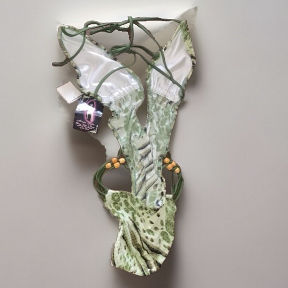 Green Mixed Animal Print Sexy One Piece Bathing Suit L - Picture 2 of 5